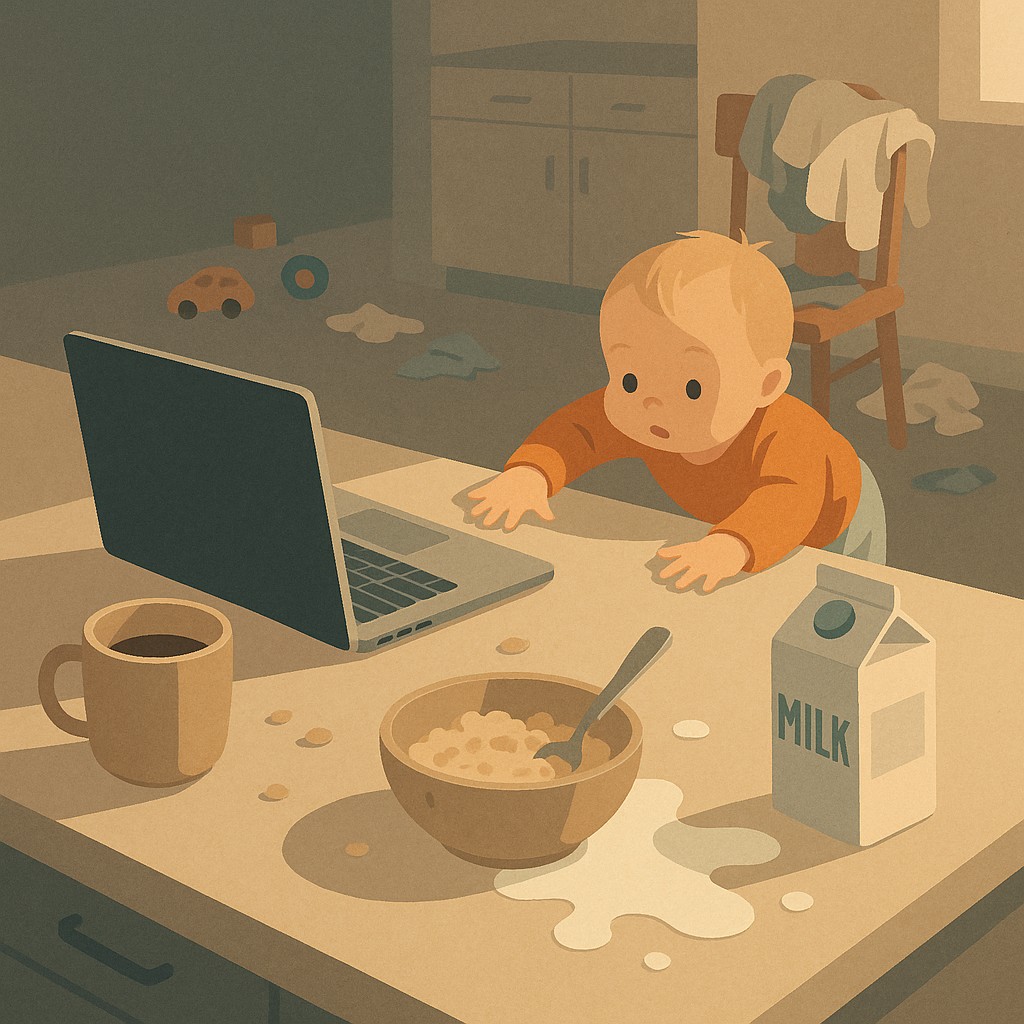 Cluttered kitchen counter with laptop, cold coffee, spilled oatmeal, and toddler—showing how to ship imperfect work amid household mess