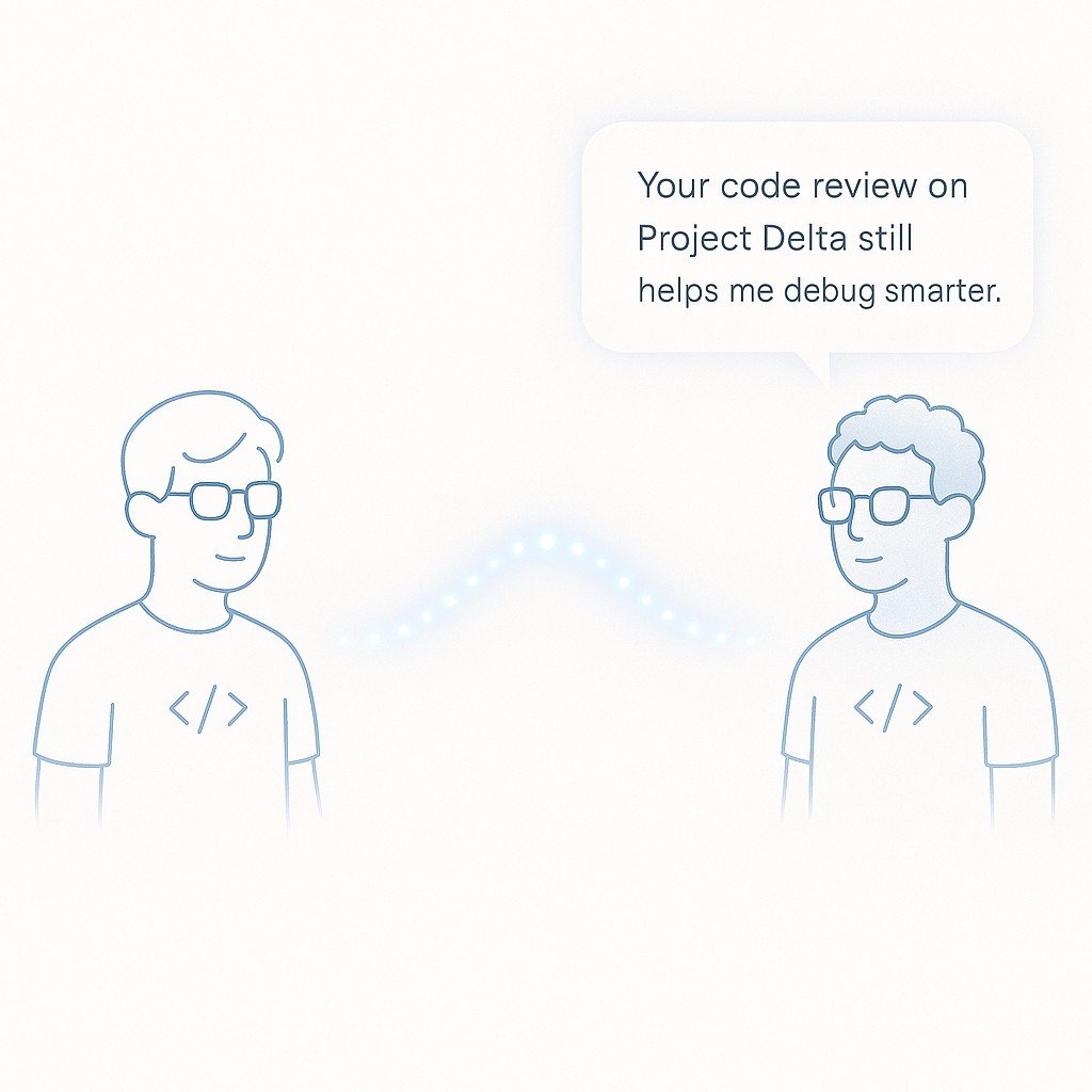 Two developers connected by a dotted line and a brief thank you message illustrating how to thank mentors with specific advice