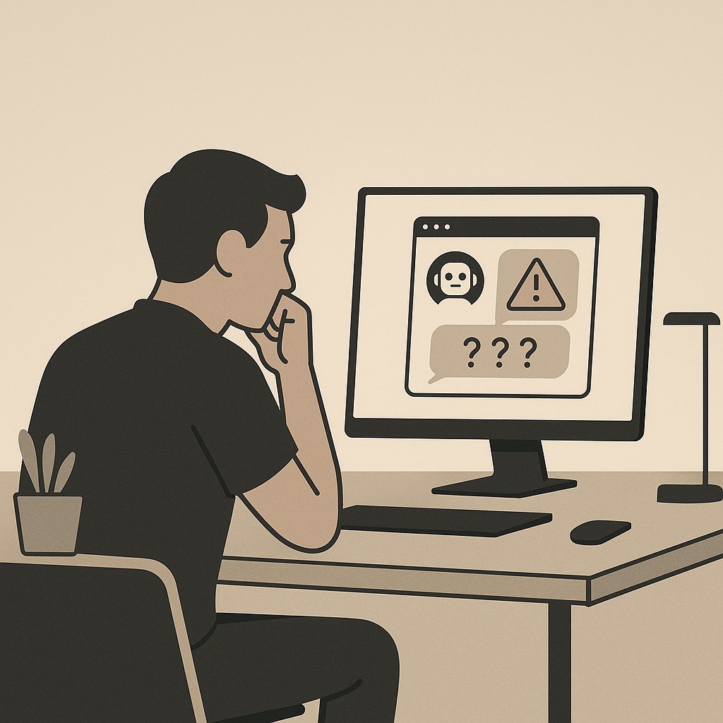 Engineer at desk, considering how to troubleshoot without AI after a stalled AI chat