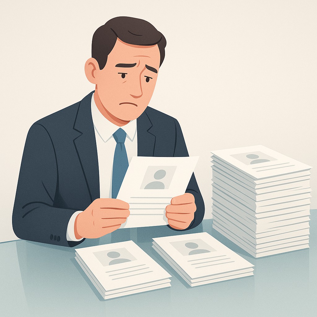 Hiring manager struggles to identify your career niche while sorting a stack of resumes that all look the same, unsure who to choose