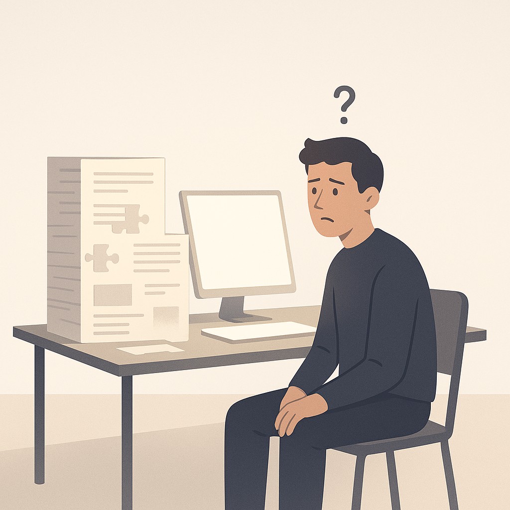 Newcomer at a desk looking uncertain, exposing gaps in documentation that show how to improve decisions with active listening