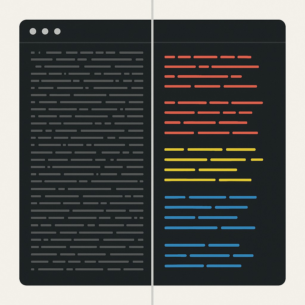 Improve developer workflow with AI: terminal window split between chaotic monochrome logs and clear, color-coded log lines