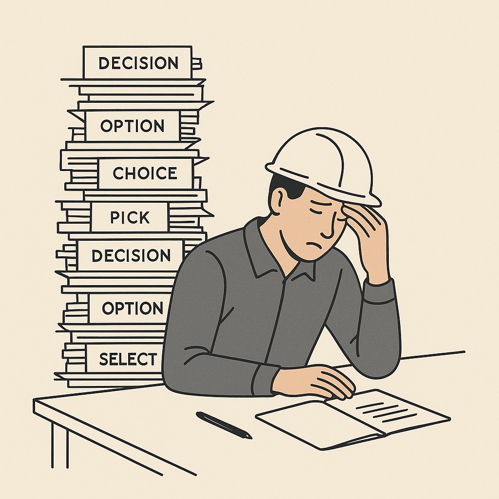 Engineer at desk using tools to improve engineering decisions with AI, with a rising stack of decision-labeled papers showing subtle, accumulated fatigue