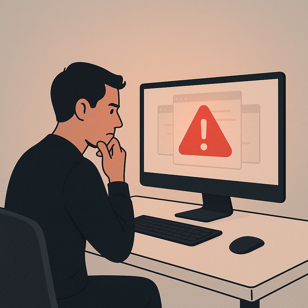 Developer working to improve engineering reasoning skills, staring at a warning-filled monitor, visibly stressed as critical errors stack up