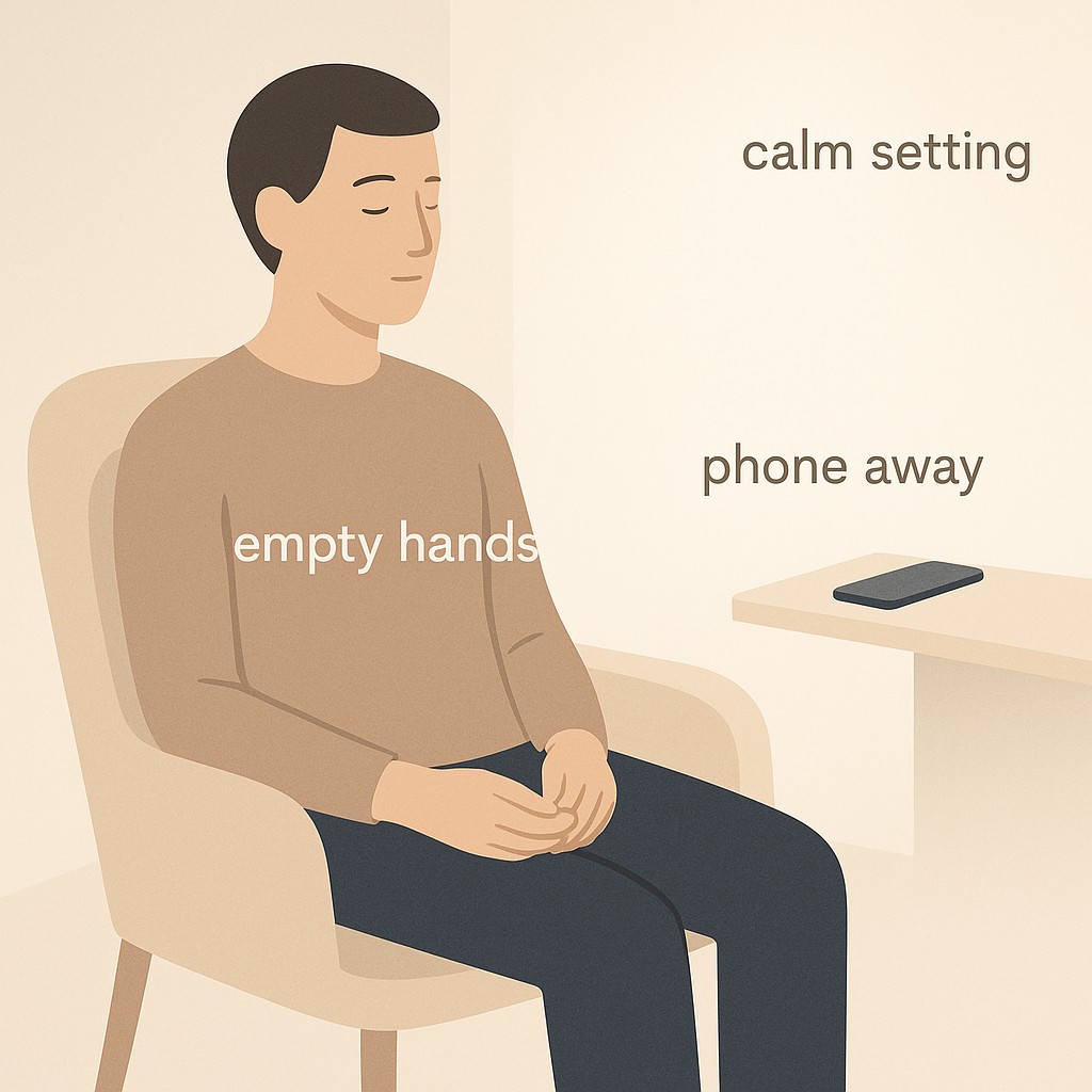 Person sits quietly to improve focus with stillness, empty hands while phone rests far away in a calm, minimalist room