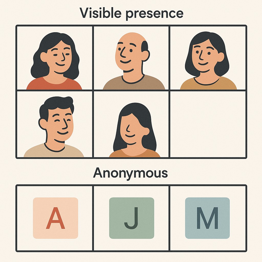 Grid of remote meeting windows showing human faces and colored initials side by side, illustrating inclusive facilitation for remote teams