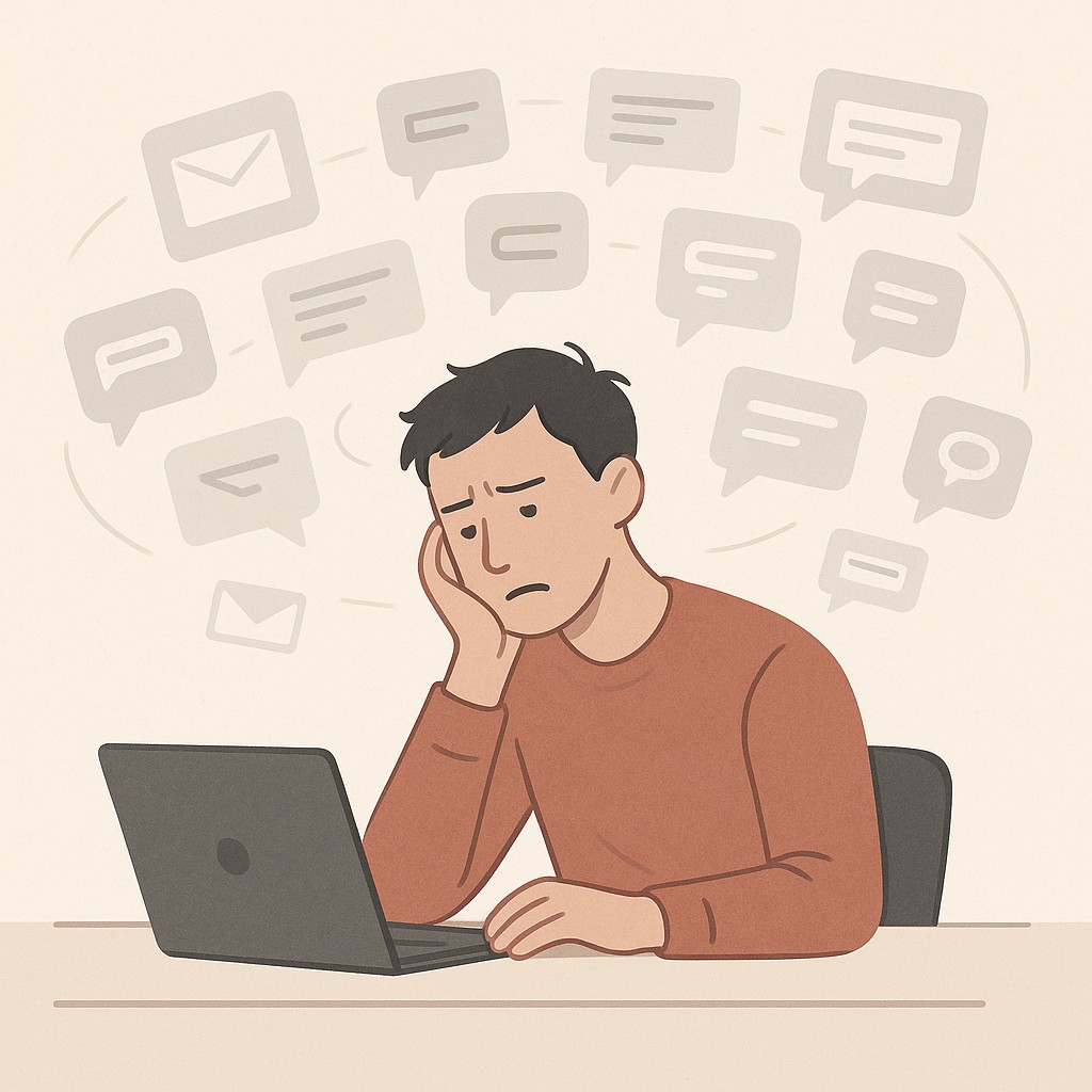 Person at desk overwhelmed by confusing messages, working to increase cold outreach replies