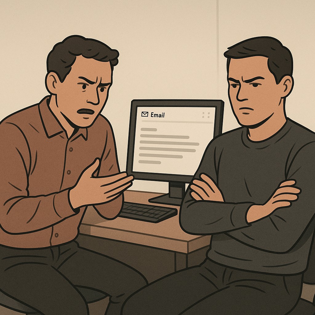 Two coworkers tense as they discuss how to influence decisions with data in an email on their screen