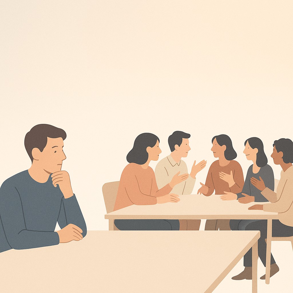 Influence without raising your voice: thoughtful person at meeting table listening quietly while others talk actively