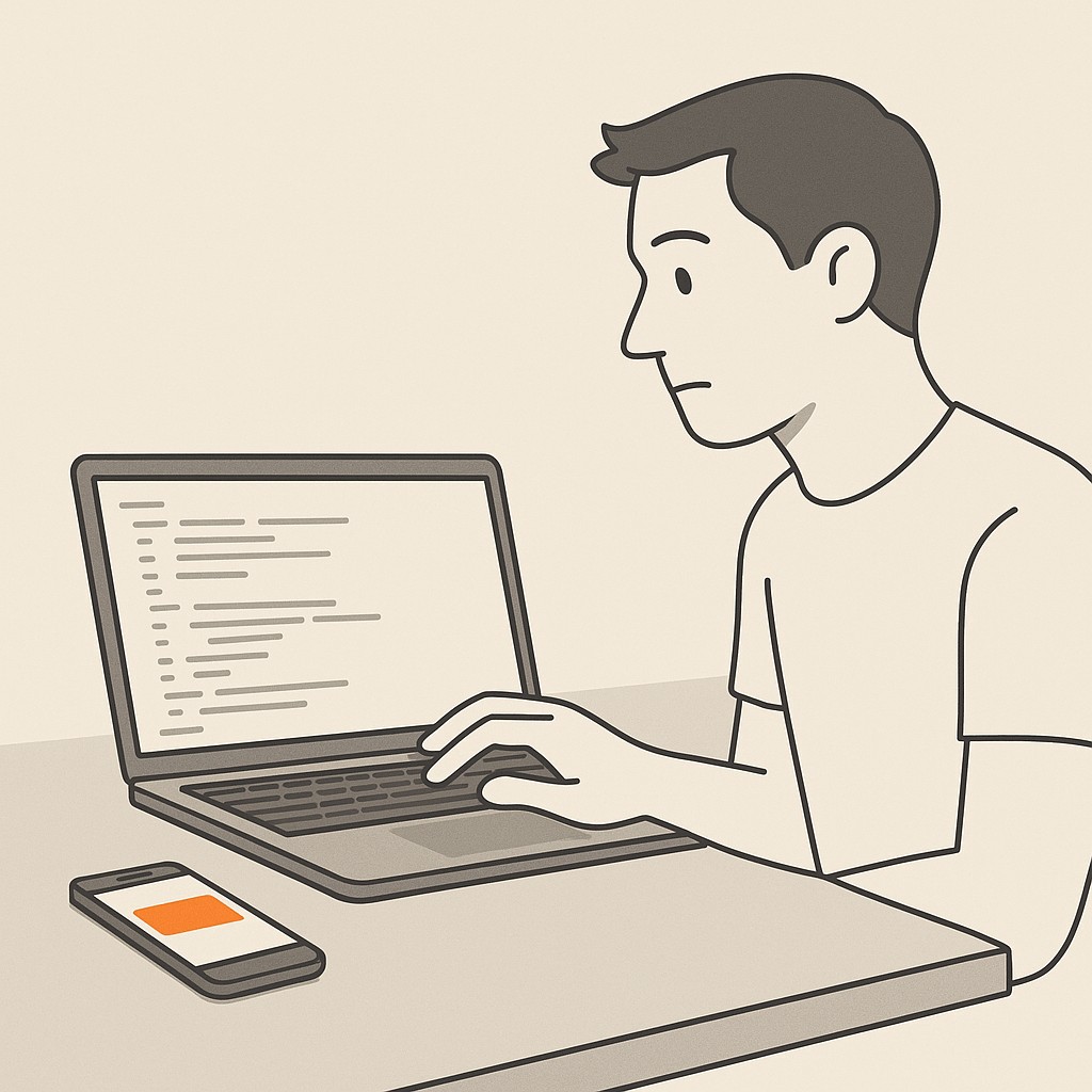Engineer at laptop distracted by smartphone notification in mid-work, illustrating an information diet for engineers