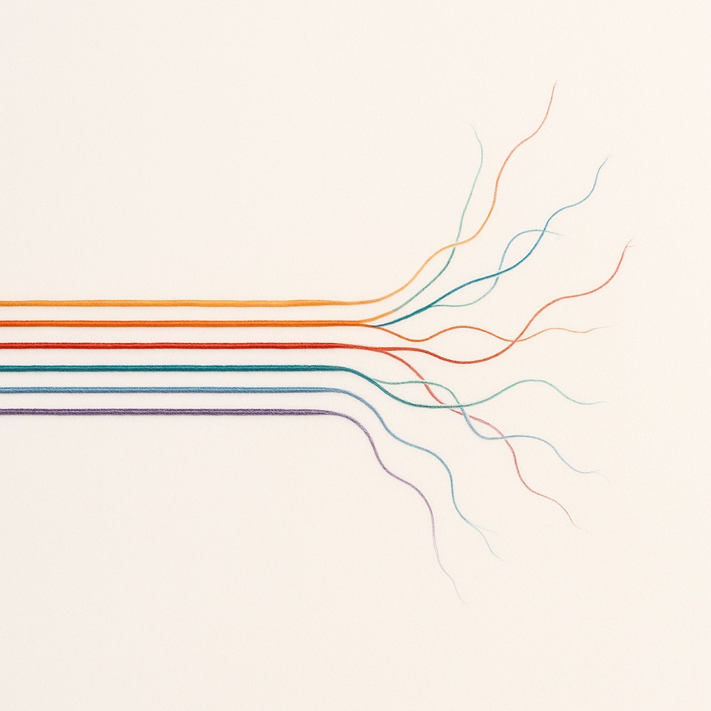 Colored threads—some neat and some frayed—drift apart across a white background, illustrating intentional breaks for software engineers