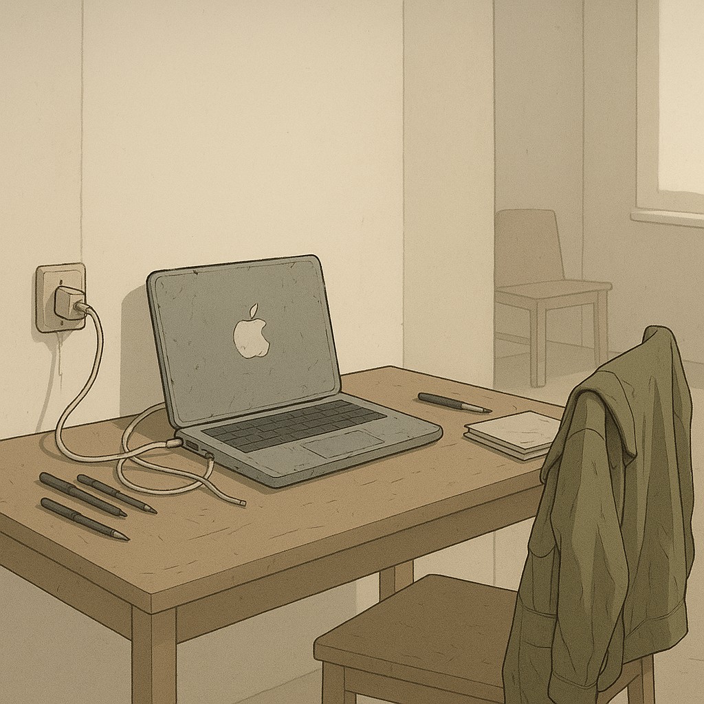 Messy workspace with a battered MacBook, tangled charger, cluttered desk, and a military jacket—launch before you're ready in a simple apartment