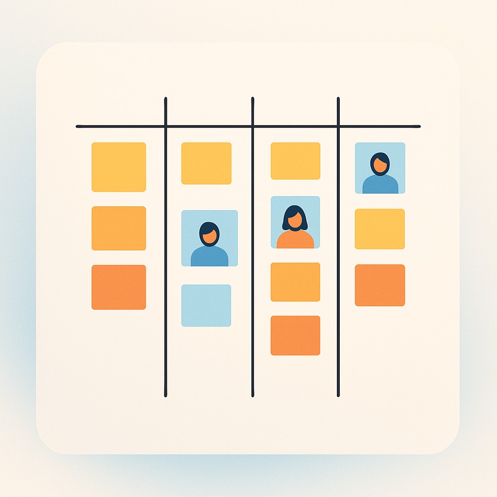 Kanban board with task cards and owner avatars in workflow columns to make engineering work visible