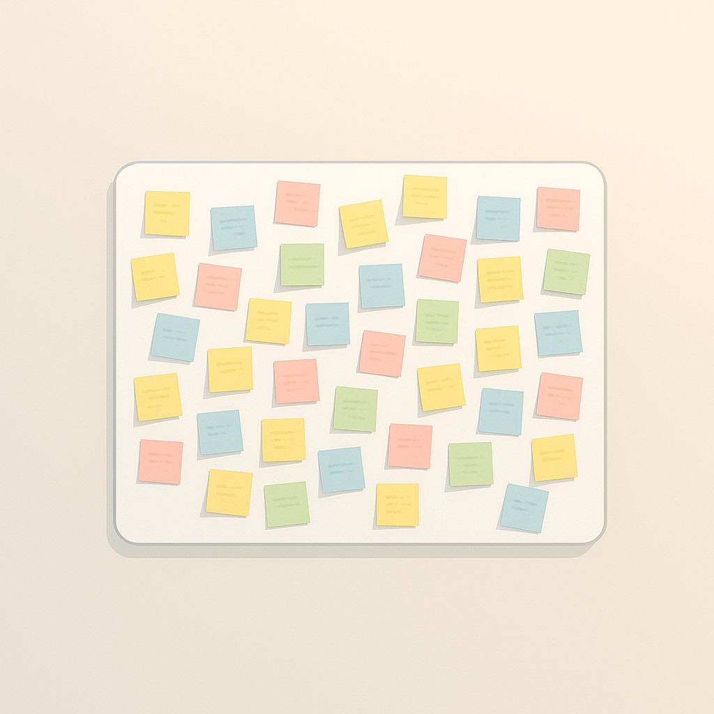 Digital board scattered with colorful sticky notes, most faded and unassigned—teams fail to make retrospectives actionable