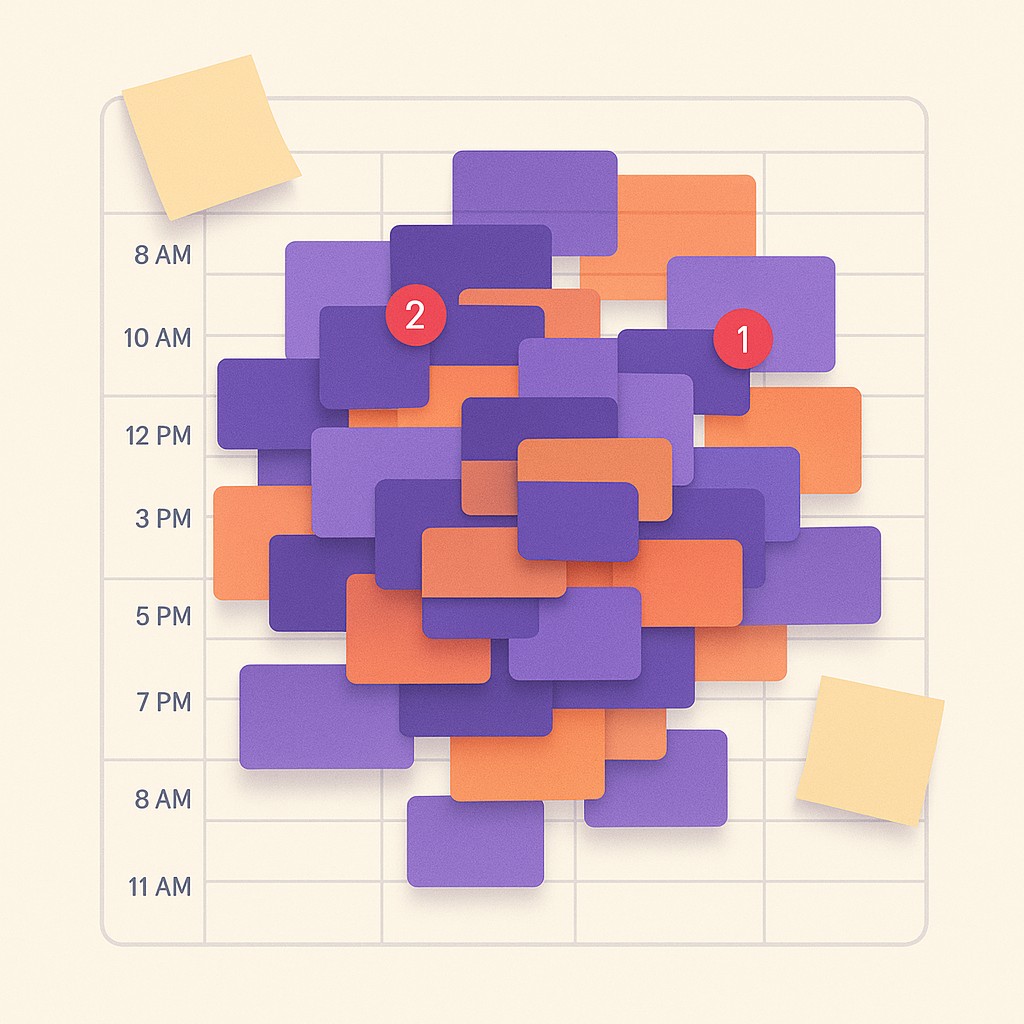 Messy calendar packed with overlapping meetings and notifications that make time for deep work hard to find