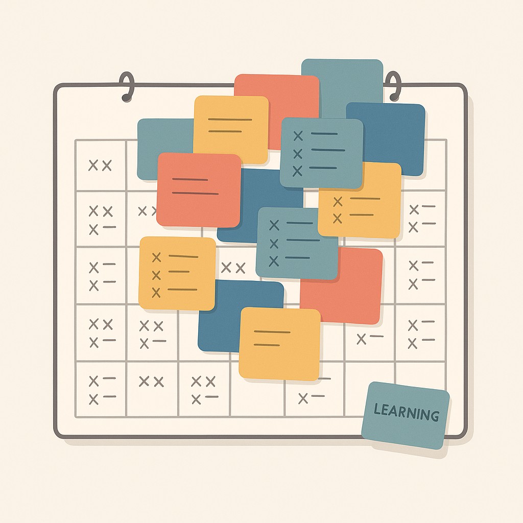 Overlapping calendar events and tasks squeeze a learning block to the edge of a packed schedule, underscoring the need to make time to learn