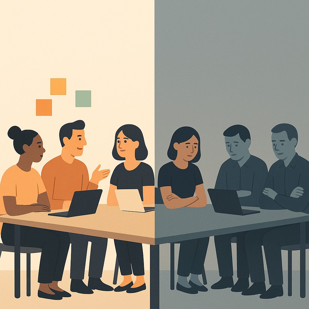 Team at conference table shifting from eager optimism to quiet disappointment as they try to manage AI adoption in teams