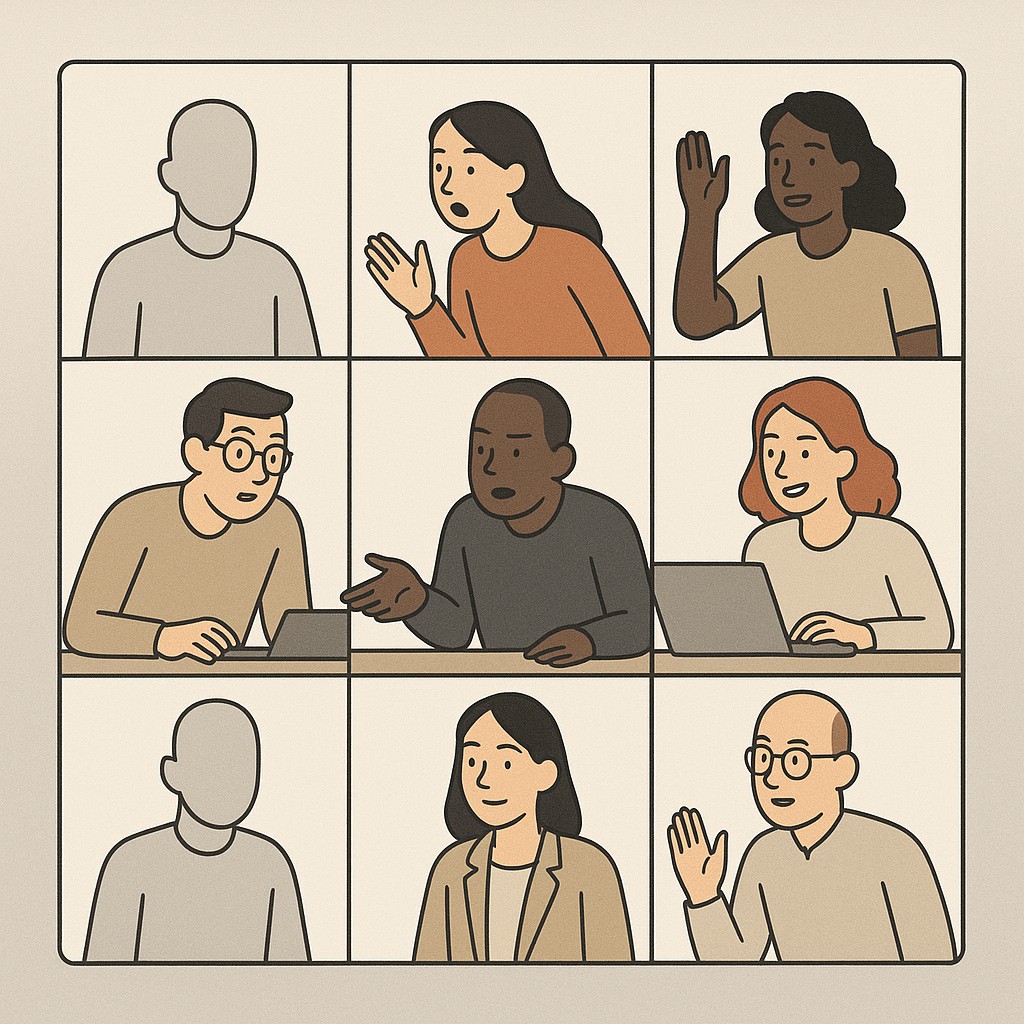 Remote video call grid with disengaged and suddenly active teammates collaborating to measure agile ceremony impact