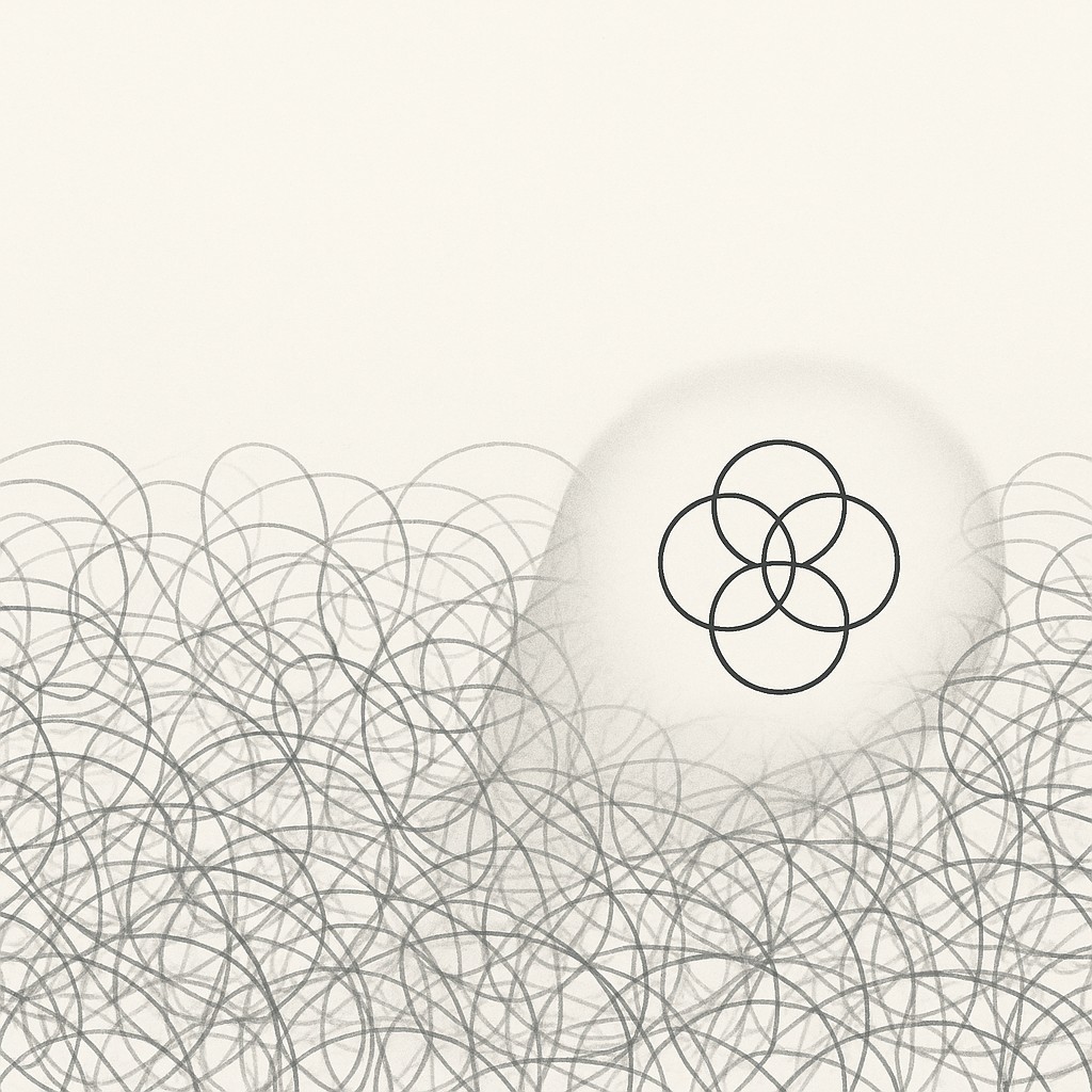 Spotlight reveals repeating geometric pattern in a field of tangled blurry shapes—illustrating mental models for problem solving