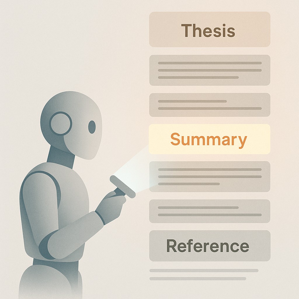 Stylized AI ranks layered article blocks to optimize content for AI search, highlighting the most valuable sections for retrieval