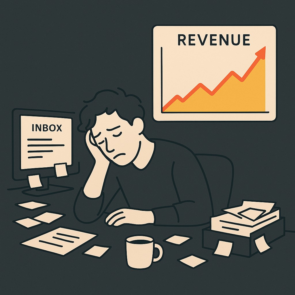 Optimize founder ROI visual: founder slumped at messy desk, exhausted as upbeat revenue graph climbs in the background