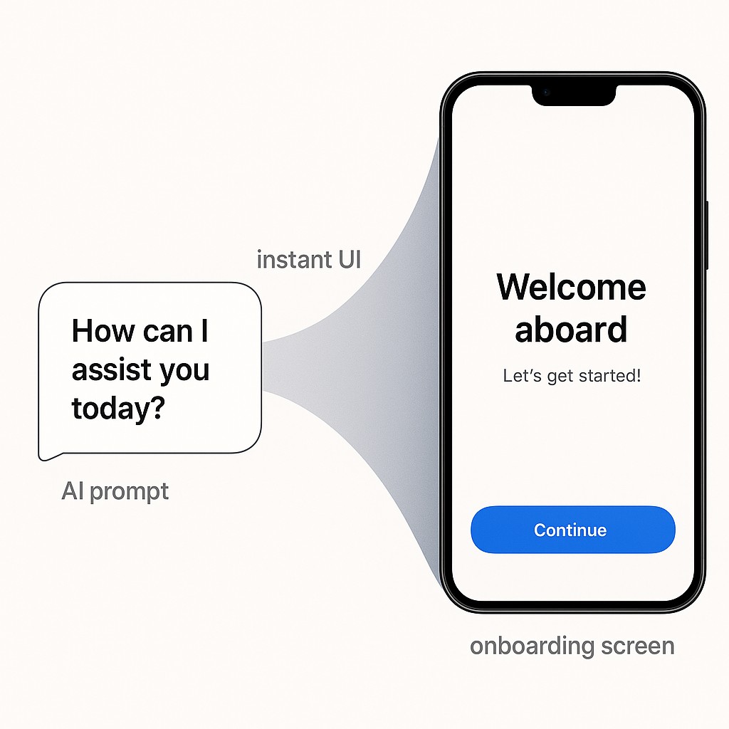AI prompt transforming into a polished onboarding screen that illustrates outcome-driven product design with a clear visual transition