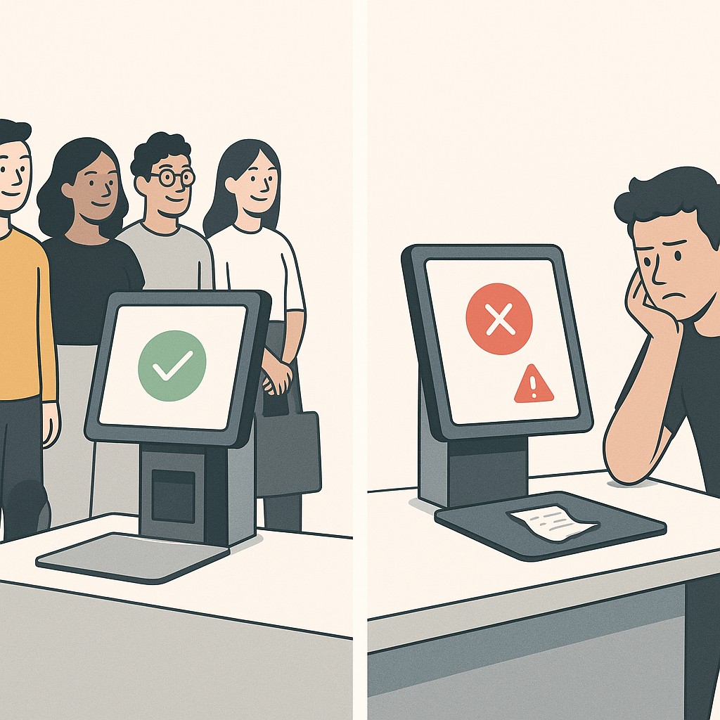 Two checkout stations illustrating outcome-focused engineering metrics: one with a long but happy line, the other empty with a frustrated customer and error signs