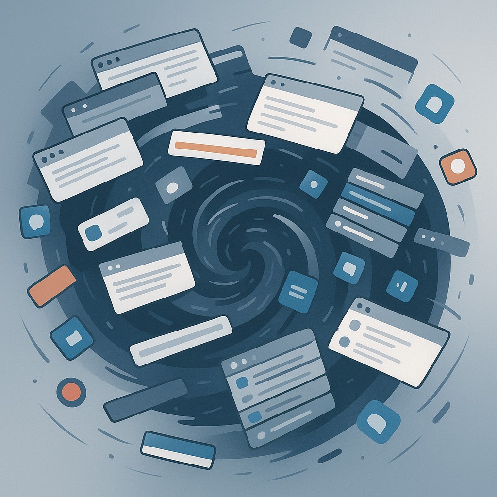 Chaotic swirl of digital browser tabs, alert bubbles, and app icons in a relentless current, illustrating how to Overcome AI overwhelm