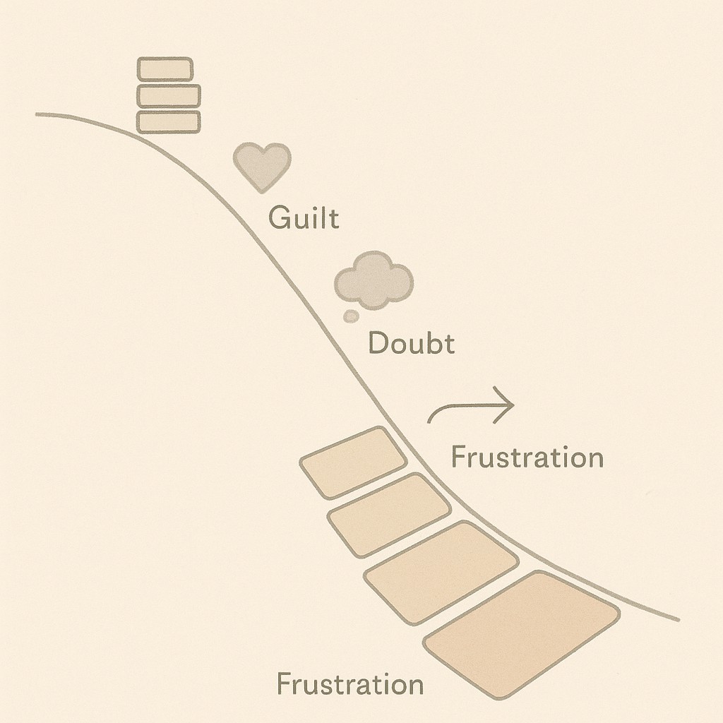 Illustration showing how to overcome all-or-nothing thinking: a small unfinished task snowballs with guilt, doubt, and frustration layers