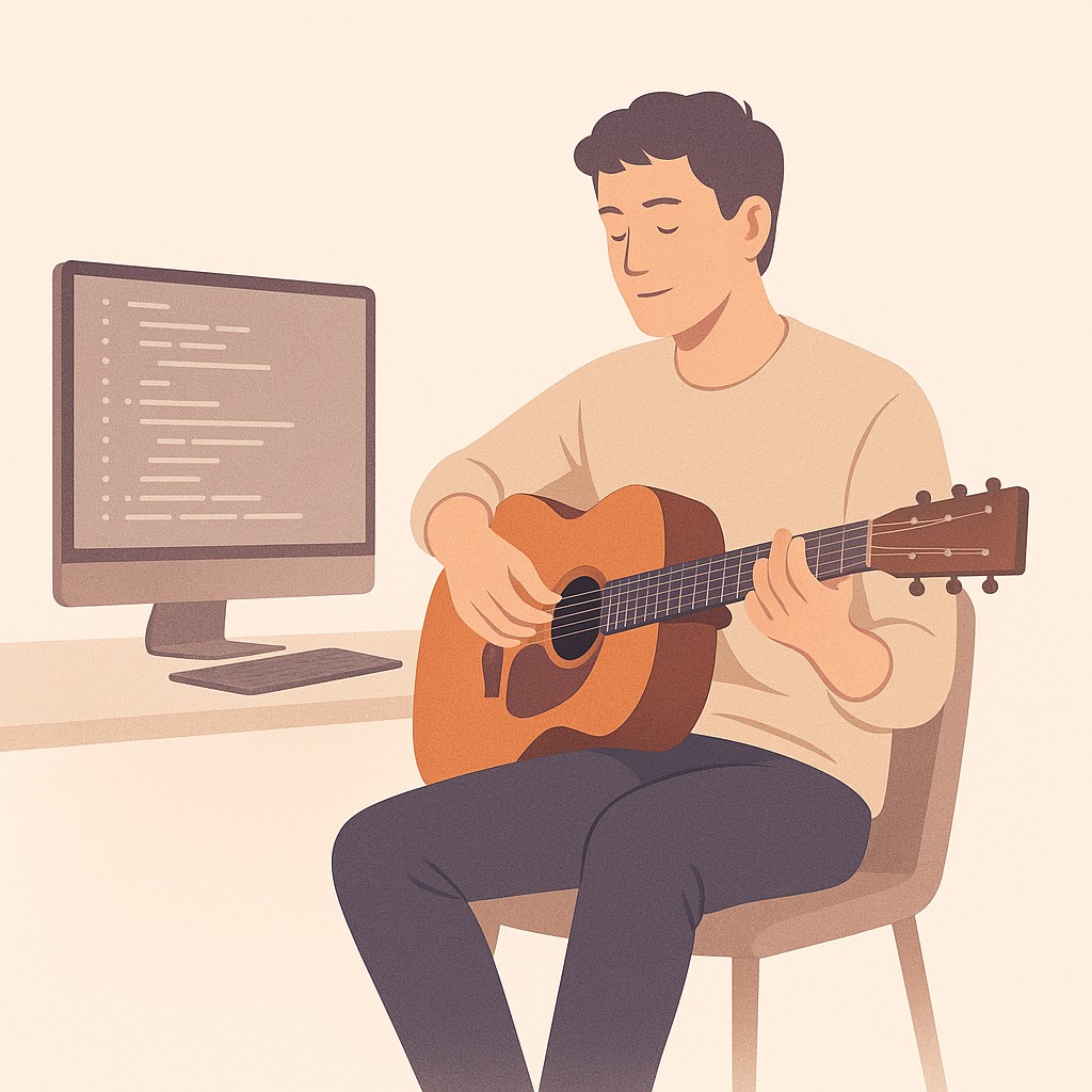 Developer taking a guitar break beside their coding workspace to refresh and overcome coding mental block, regaining focus