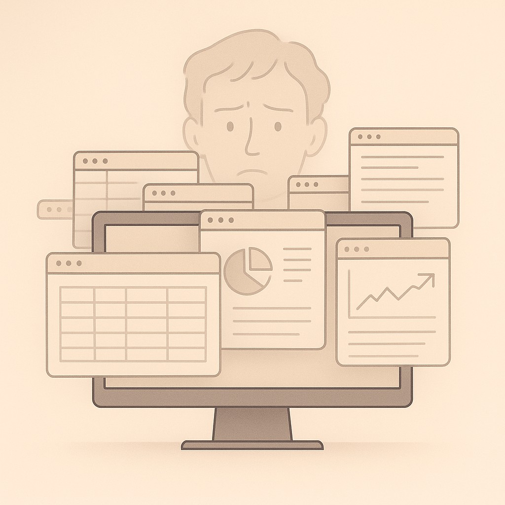 Crowded computer screen overflowing with browser tabs and a distracted person in the background trying to overcome posting anxiety