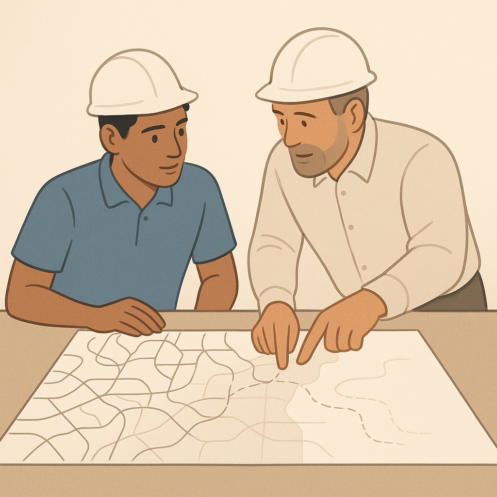 Mentor and junior engineer examining a partially revealed paper map with hidden paths at their desk, illustrating how to overcome software engineering plateau