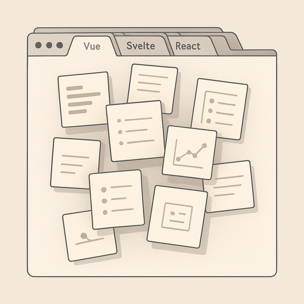 Crowded browser window overflowing with tabs and notes about different frameworks, illustrating how to overcome tech stack paralysis