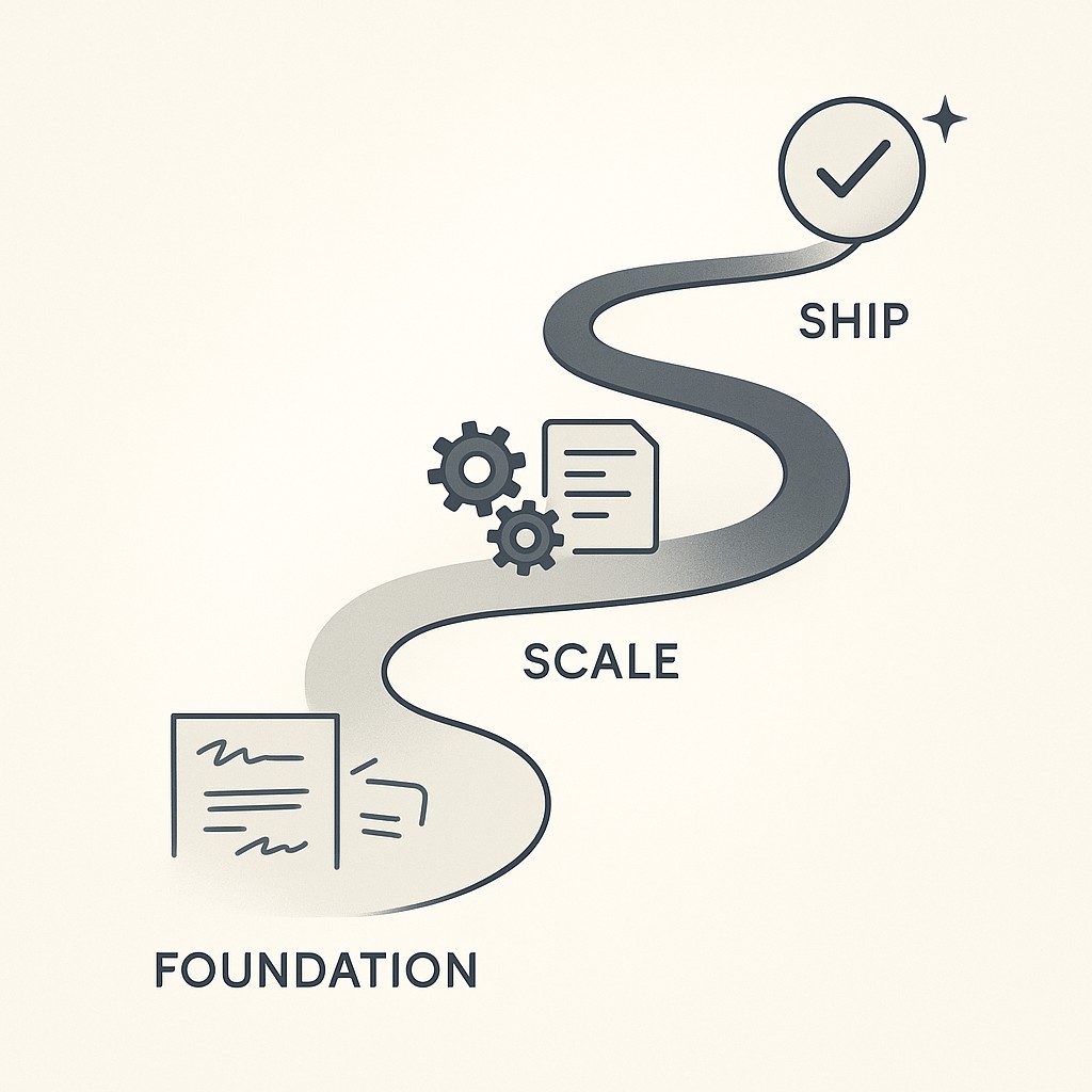 Overcoming 80/20 bias in engineering illustrated as a winding path split into foundation, scale, and ship phases with unique markers for each stage