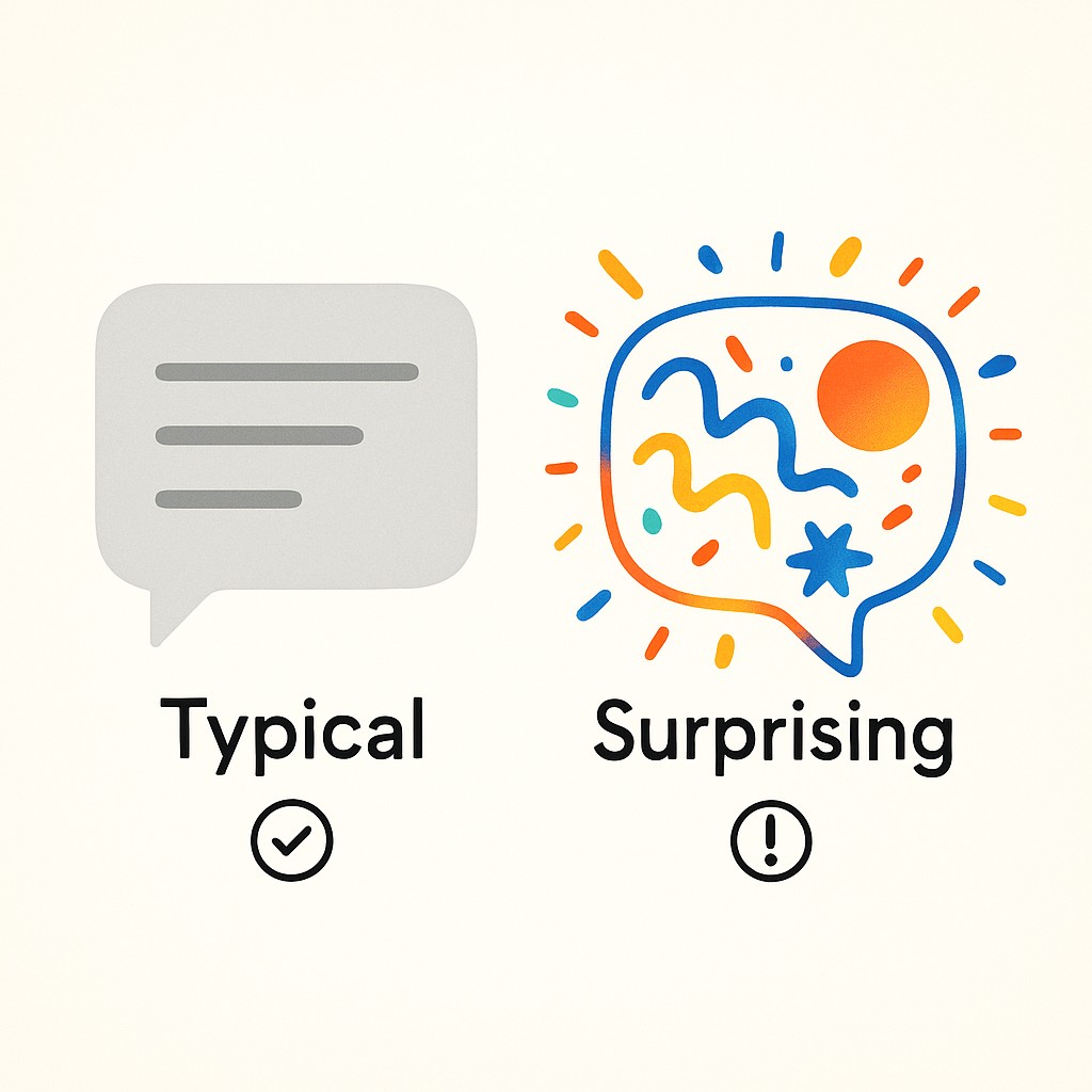 Side-by-side AI bubbles illustrating prompt low-probability AI responses: one dull and muted, the other bold and colorful, labeled typical and surprising