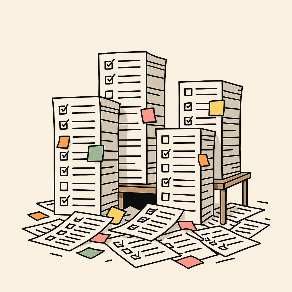 Messy piles of checklists and sticky notes overtaking a workspace illustrate why teams must push back on stakeholder requests