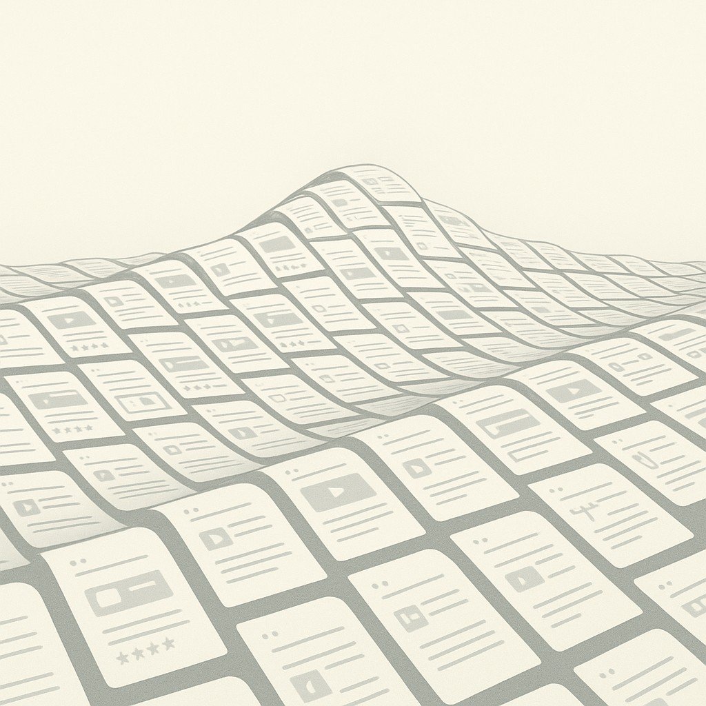 Mountain of nearly identical digital pages blending together—a visual argument for quality over quantity AI content