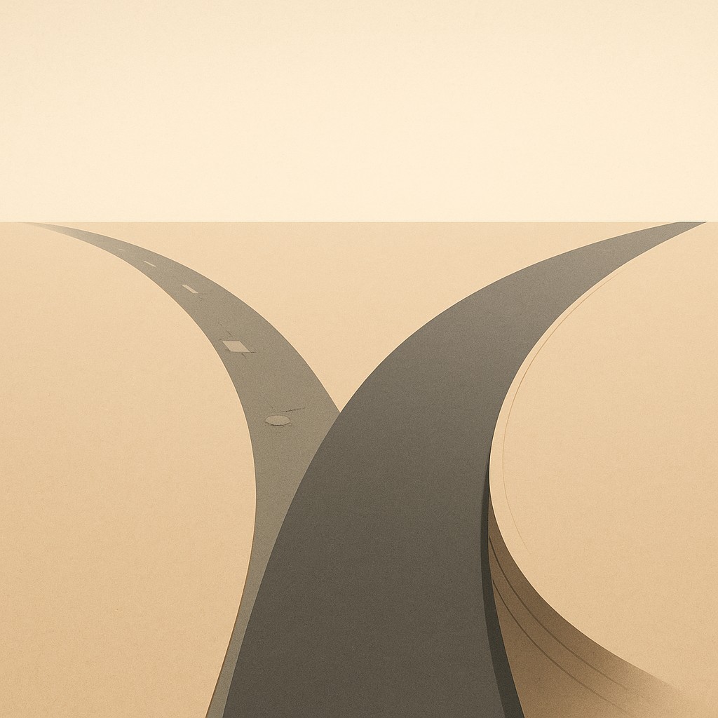 Quick fix vs scalable solution illustrated: Two distinct paths diverge, one patched and narrow, the other wide and solid with clear foundations