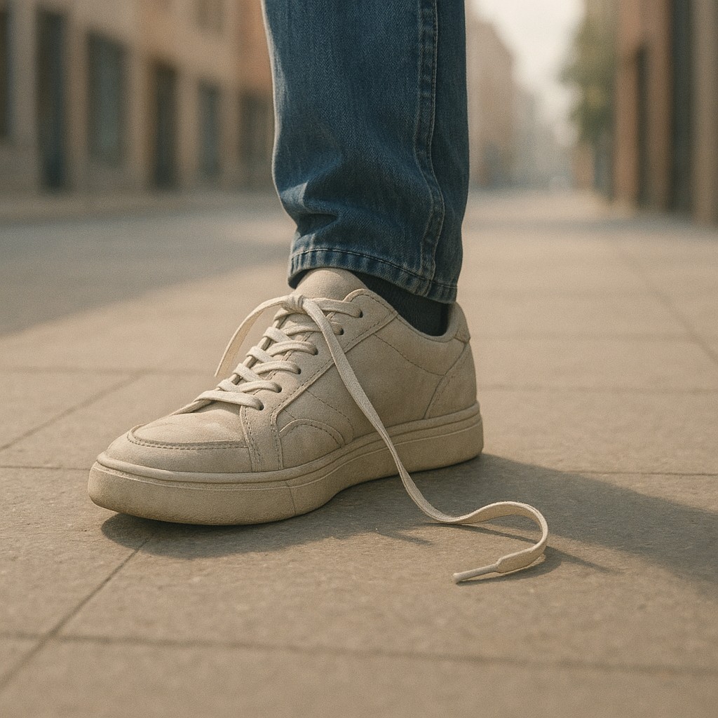 Untied shoelace on a sneaker moving down a city sidewalk, a small choice to reduce cognitive load for engineers