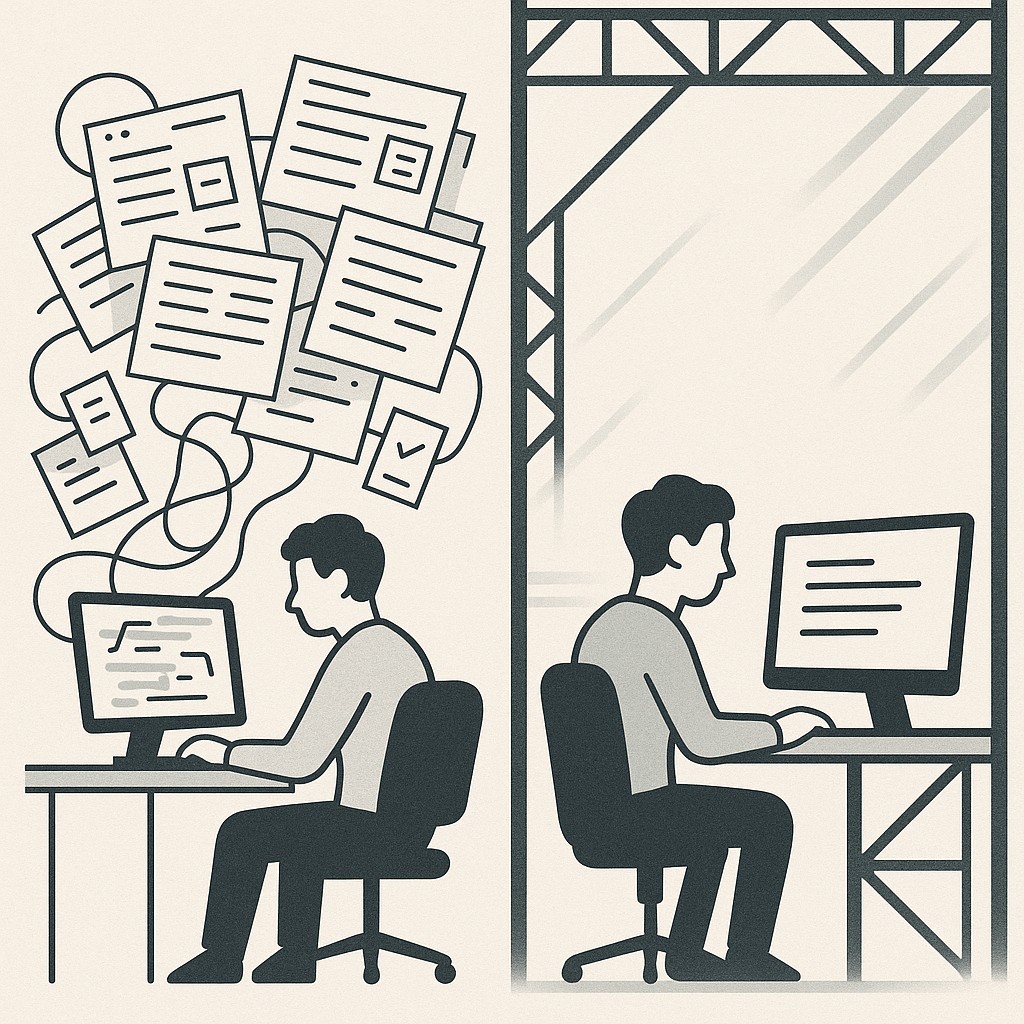 Engineer at desk facing messy how-to docs, then progressing quickly to reduce learning curve with AI using a clear scaffolding structure