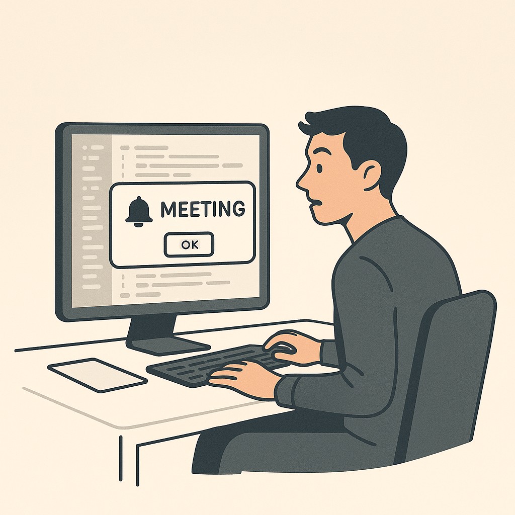 Reduce meetings for engineers: focused engineer interrupted by a sudden meeting notification while deeply engaged with code