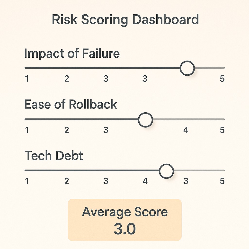 Release decision risk assessment visual with three sliders labeled impact, rollback, and tech debt, all merging into a single risk score zone