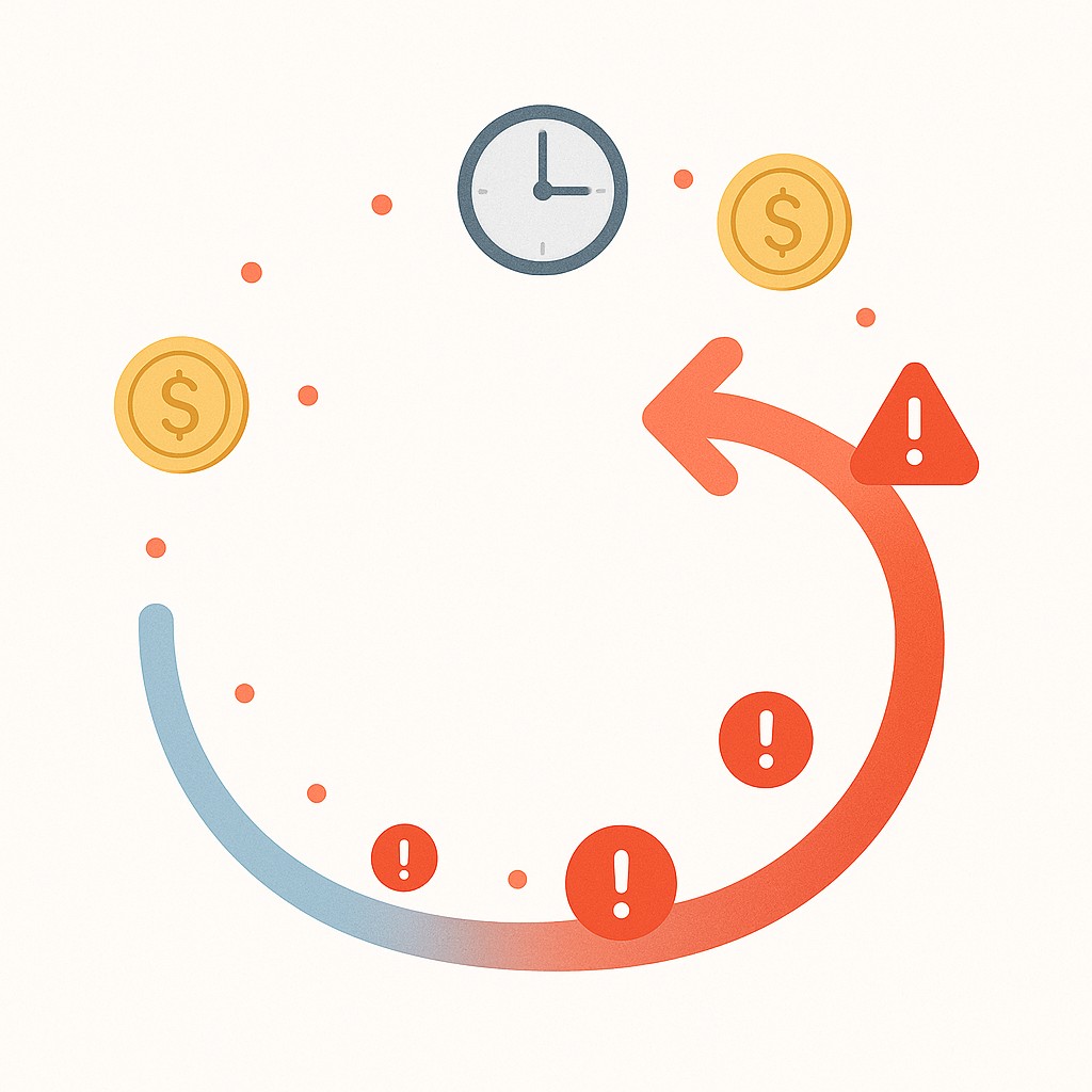 Retry loop for risk-based AI validation showing tokens, clocks, and error markers amplifying cost over cycles