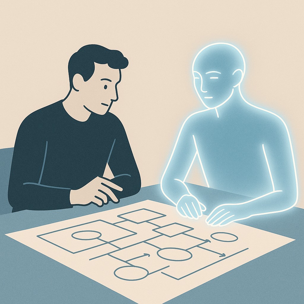 Solo founder and stylized AI figure collaborating to run a solo business with AI, working on strategic plans at a calm, modern desk