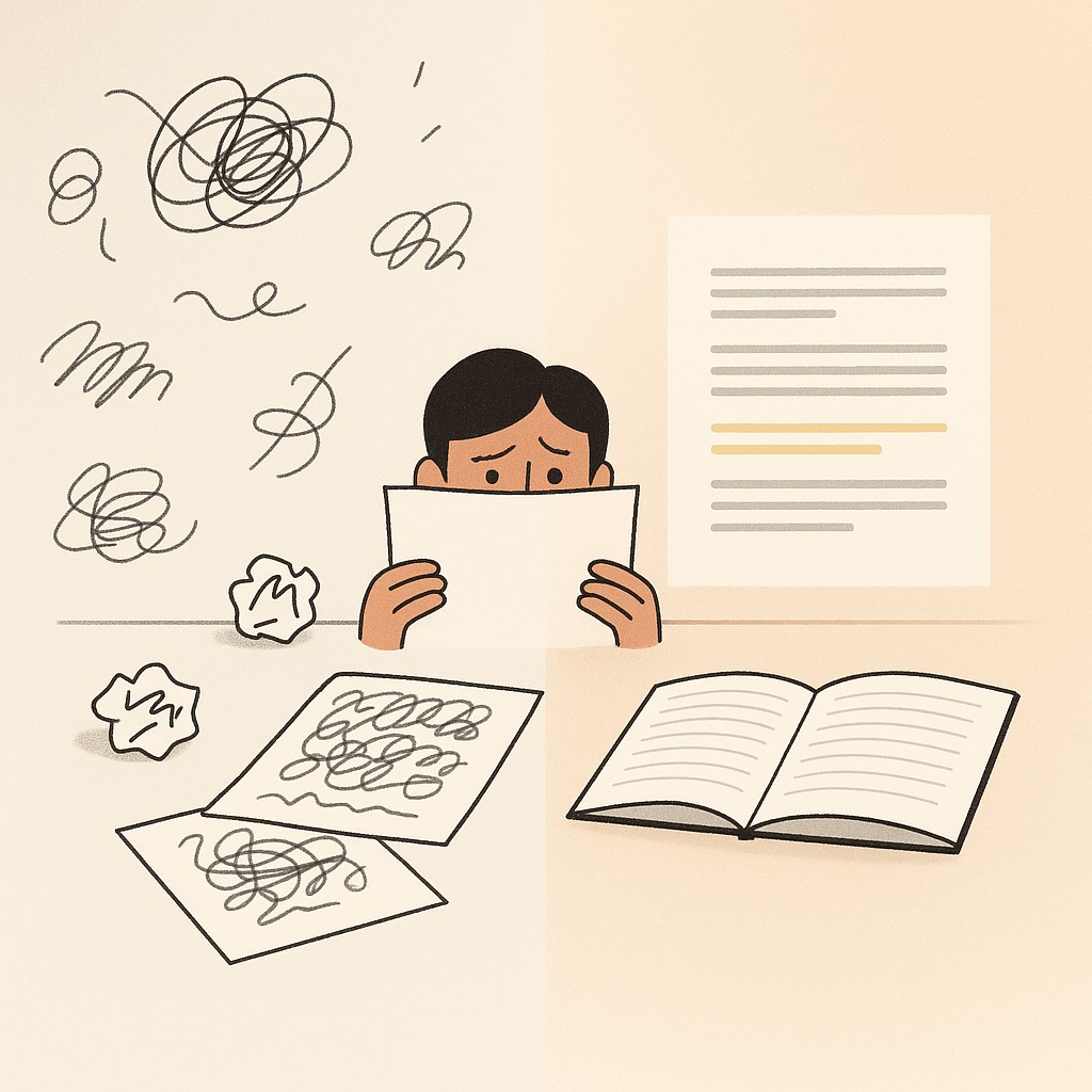 Workspace showing scribbled notes and stressed face beside polished, uniform text—how to scale authentic content with AI