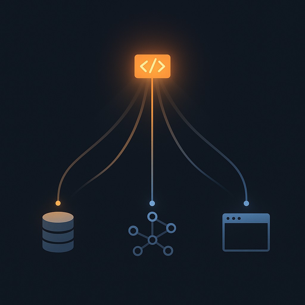 A glowing code line triggers multiple connected layers—database, graph, and browser—to scale developer impact with AI