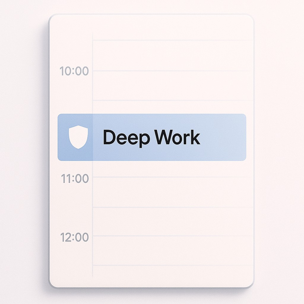 Daily calendar showing how to schedule short deep work sessions, with a single bold time block and shield symbol indicating a protected deep work slot