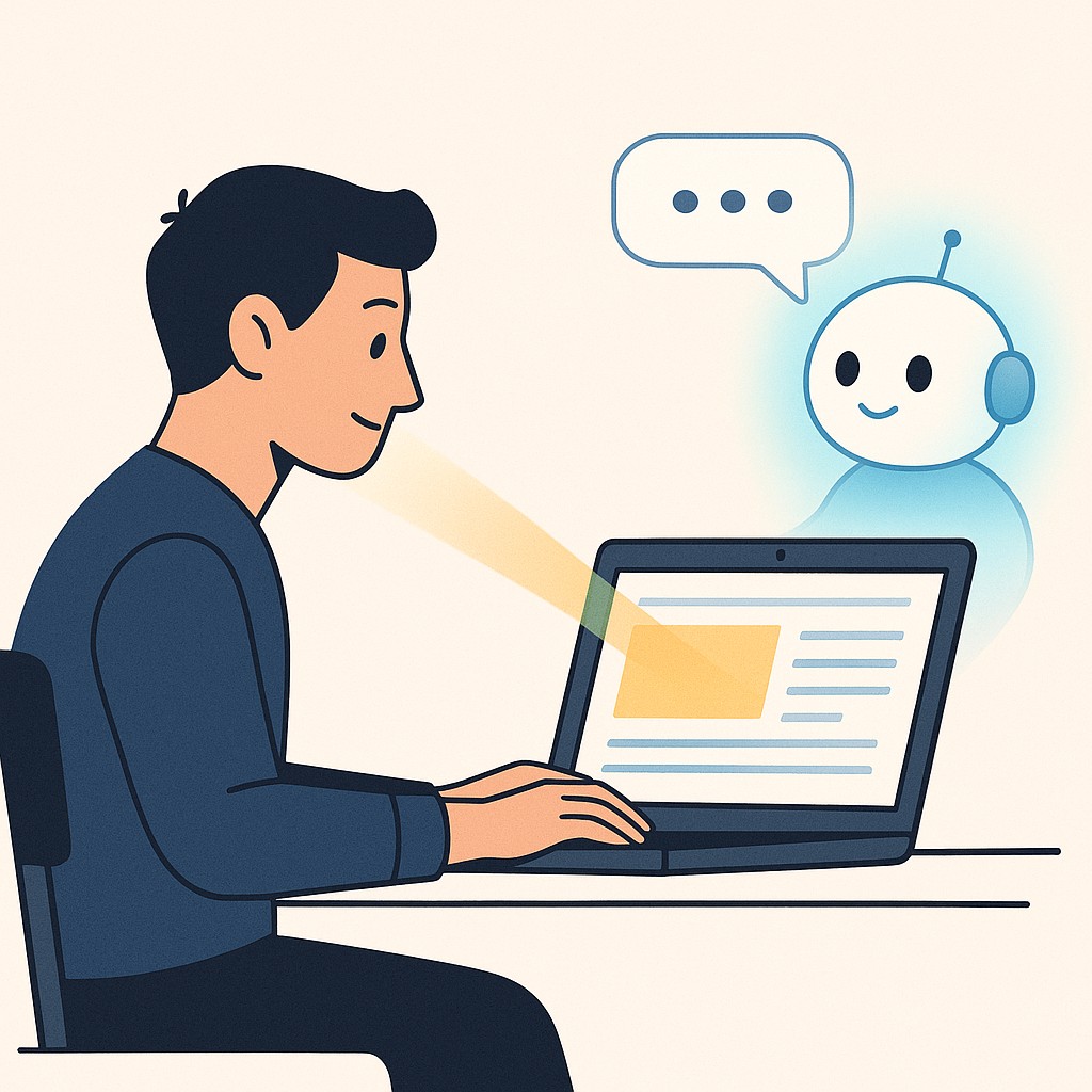 SEO for AI assistants illustrated—person and AI assistant side by side browsing and scanning a highlighted webpage together