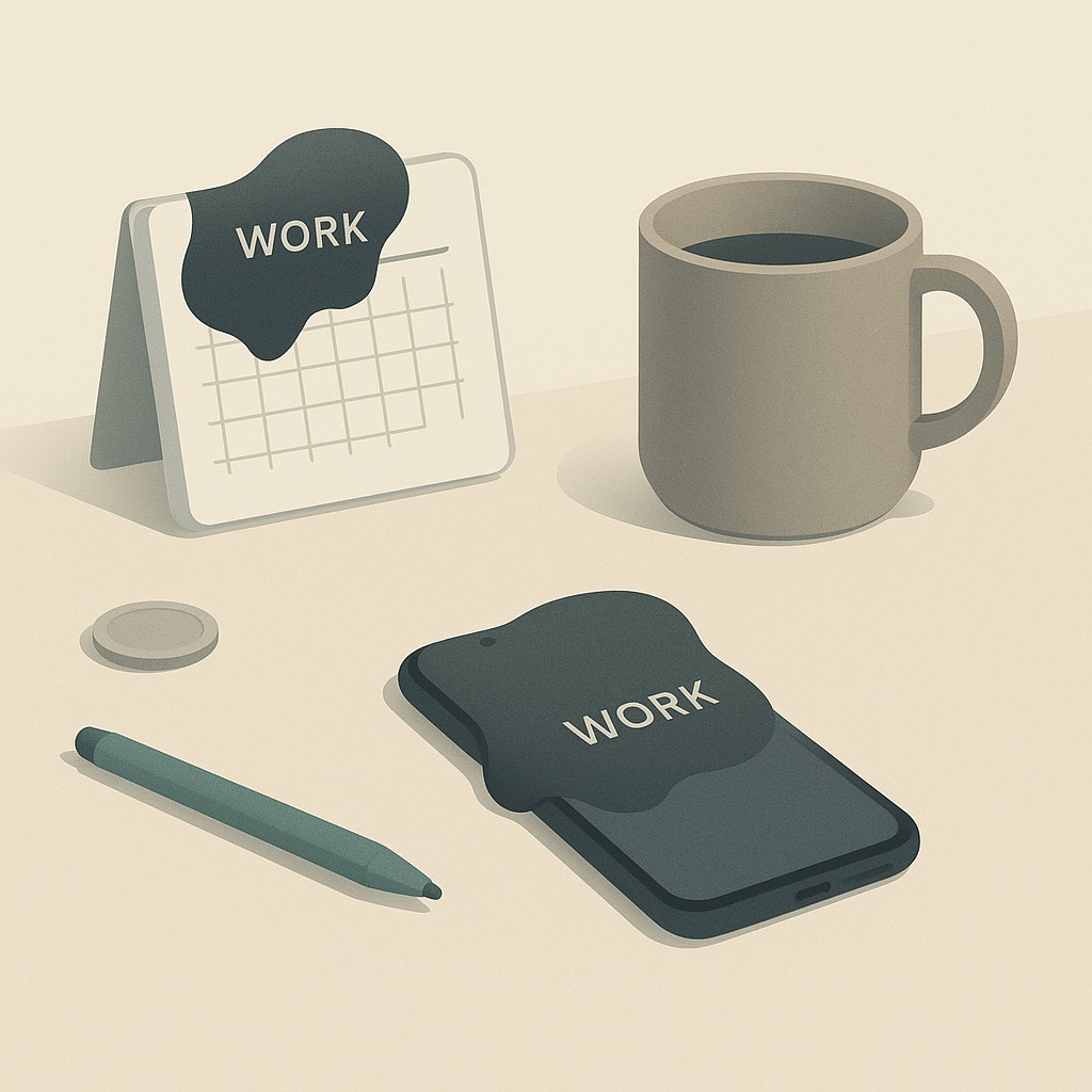 Illustration showing how failing to set and enforce work boundaries lets a dark blob of work spread across a calendar, phone, and coffee mug