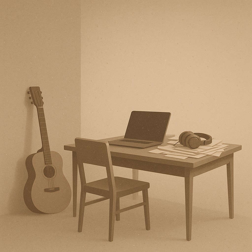 Unused guitar leans against wall next to cluttered desk in dimly lit room—reminder to set boundaries to prevent burnout